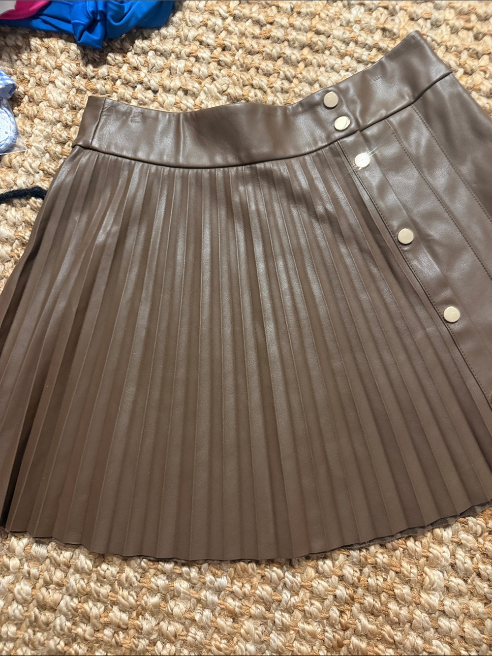 Zara Brown Pleated Faux Leather Skater Skirt with Button Detail